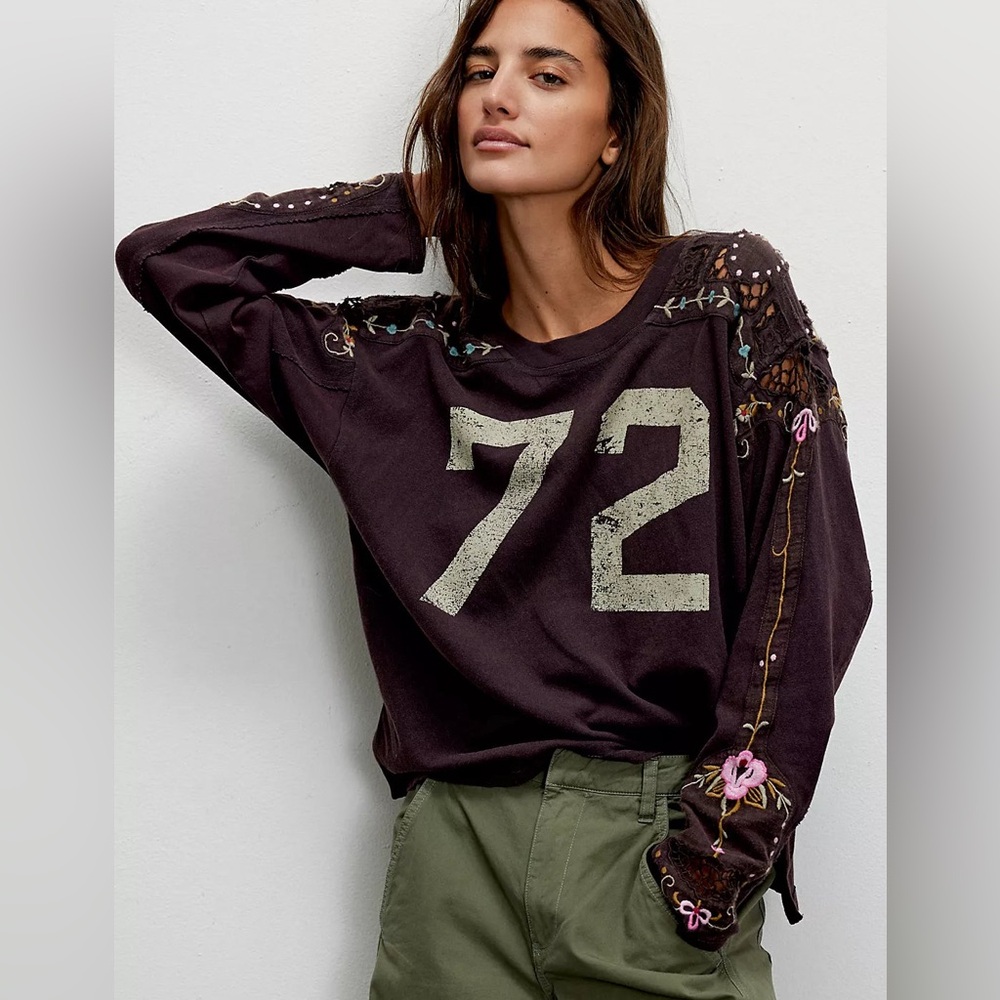 Free People Lilith Floral Dark Brown Embroidered Long Sleeve Top